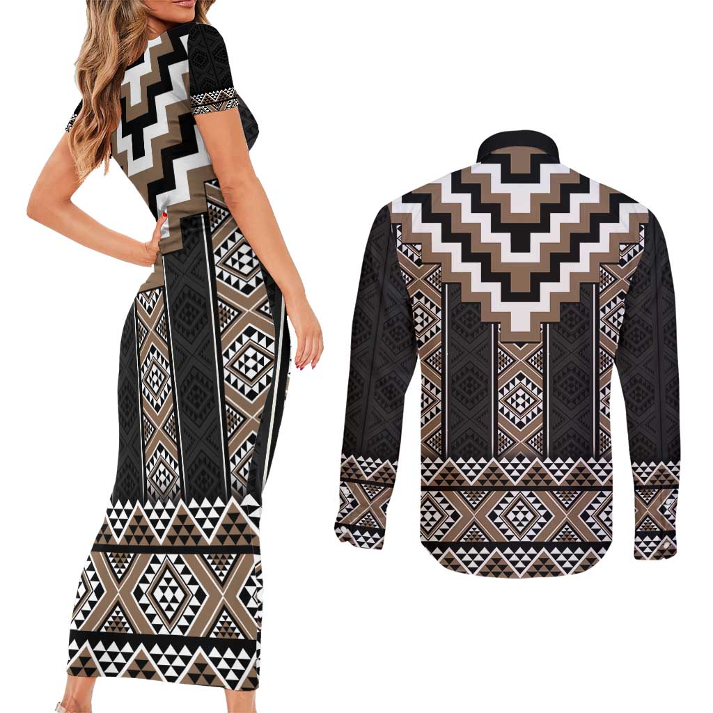 Brown Taniko Aotearoa Couples Matching Short Sleeve Bodycon Dress and Long Sleeve Button Shirt Niho Taniwha Mix Poutama LT14