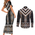 Brown Taniko Aotearoa Couples Matching Short Sleeve Bodycon Dress and Long Sleeve Button Shirt Niho Taniwha Mix Poutama LT14