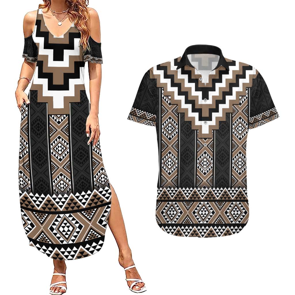 Brown Taniko Aotearoa Couples Matching Summer Maxi Dress and Hawaiian Shirt Niho Taniwha Mix Poutama LT14