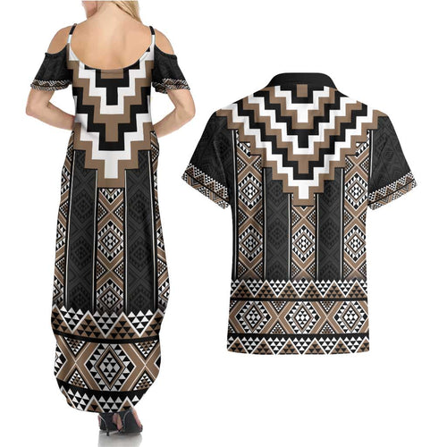 Brown Taniko Aotearoa Couples Matching Summer Maxi Dress and Hawaiian Shirt Niho Taniwha Mix Poutama LT14