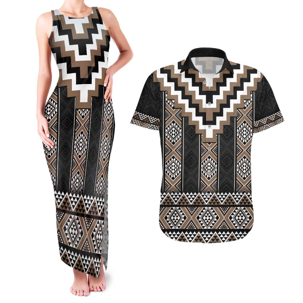 Brown Taniko Aotearoa Couples Matching Tank Maxi Dress and Hawaiian Shirt Niho Taniwha Mix Poutama LT14