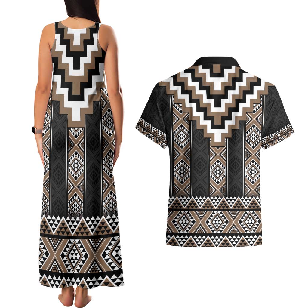 Brown Taniko Aotearoa Couples Matching Tank Maxi Dress and Hawaiian Shirt Niho Taniwha Mix Poutama LT14