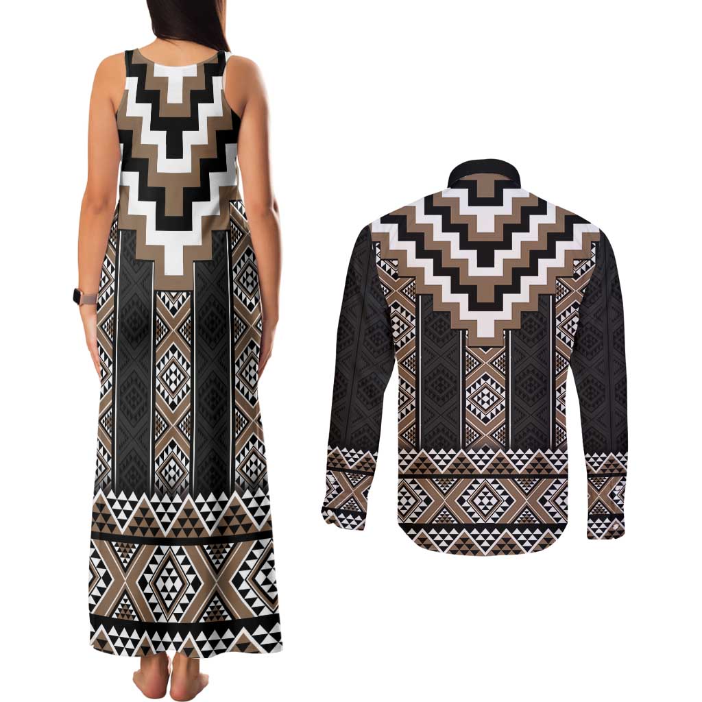 Brown Taniko Aotearoa Couples Matching Tank Maxi Dress and Long Sleeve Button Shirt Niho Taniwha Mix Poutama LT14