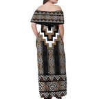 Brown Taniko Aotearoa Off Shoulder Maxi Dress Niho Taniwha Mix Poutama LT14