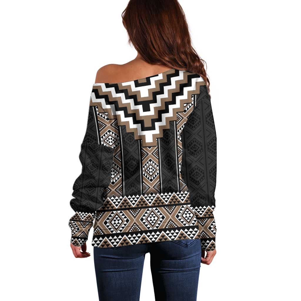 Brown Taniko Aotearoa Off Shoulder Sweater Niho Taniwha Mix Poutama LT14