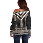 Brown Taniko Aotearoa Off Shoulder Sweater Niho Taniwha Mix Poutama LT14