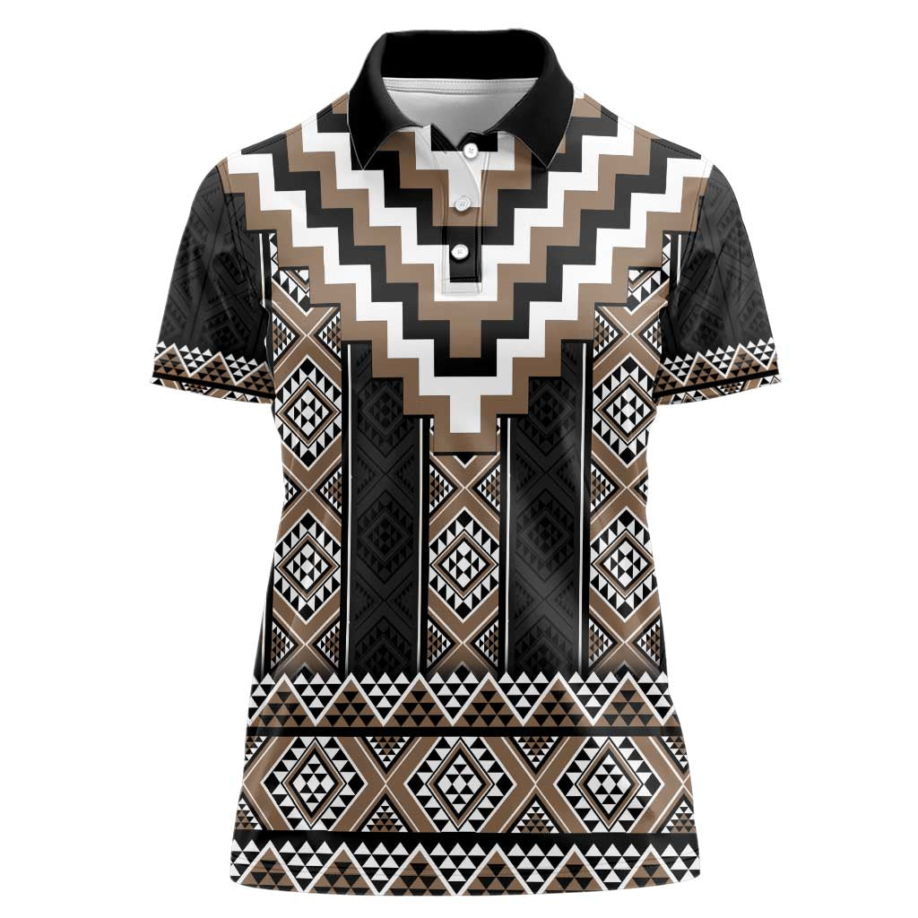 Brown Taniko Aotearoa Women Polo Shirt Niho Taniwha Mix Poutama LT14