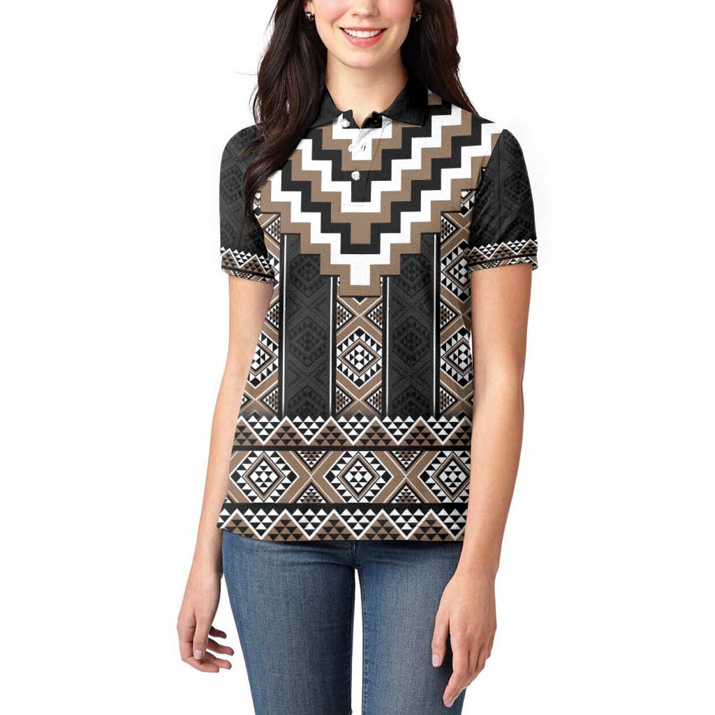Brown Taniko Aotearoa Women Polo Shirt Niho Taniwha Mix Poutama LT14