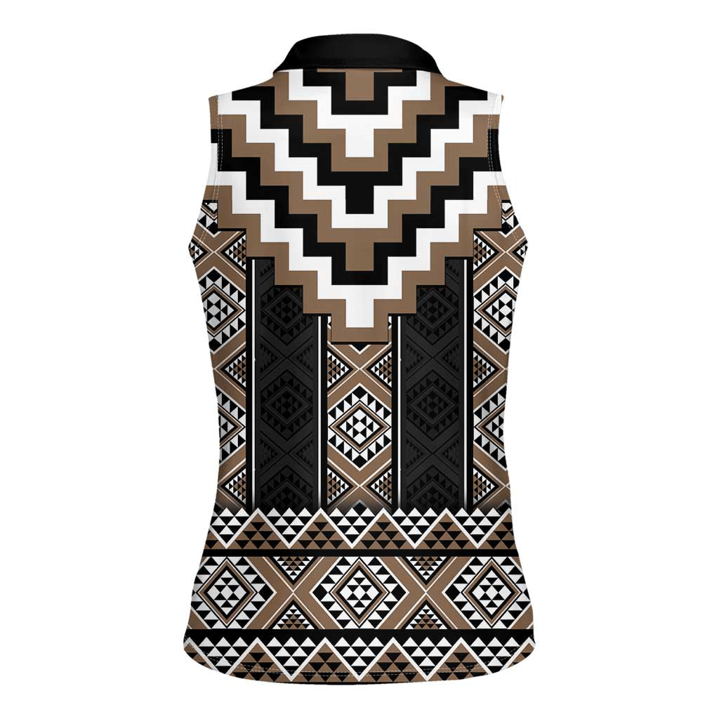 Brown Taniko Aotearoa Women Sleeveless Polo Shirt Niho Taniwha Mix Poutama LT14