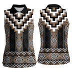 Brown Taniko Aotearoa Women Sleeveless Polo Shirt Niho Taniwha Mix Poutama LT14