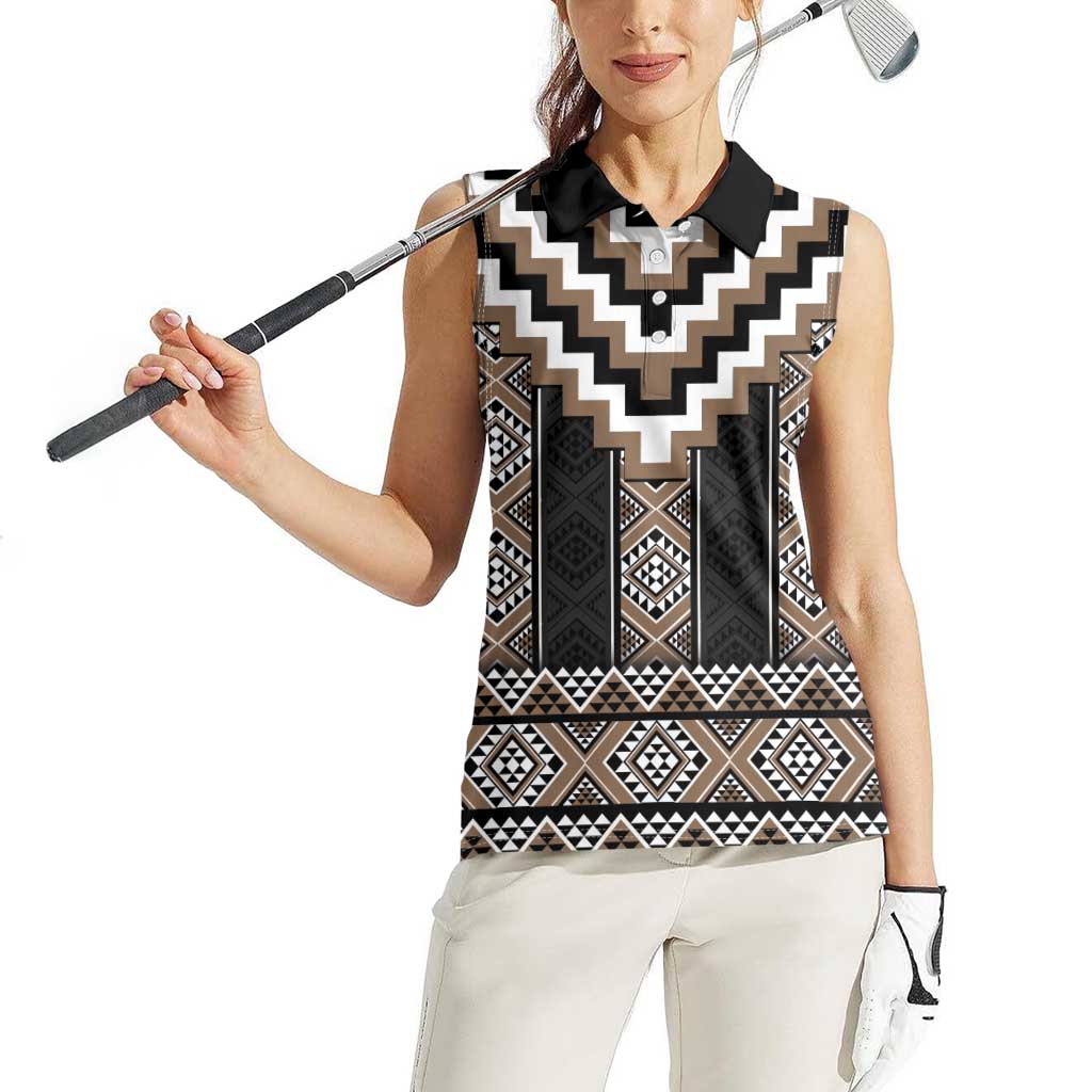 Brown Taniko Aotearoa Women Sleeveless Polo Shirt Niho Taniwha Mix Poutama LT14