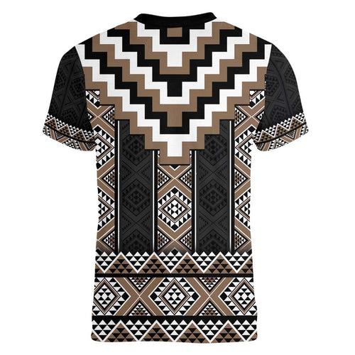 Brown Taniko Aotearoa Women V-Neck T-Shirt Niho Taniwha Mix Poutama LT14