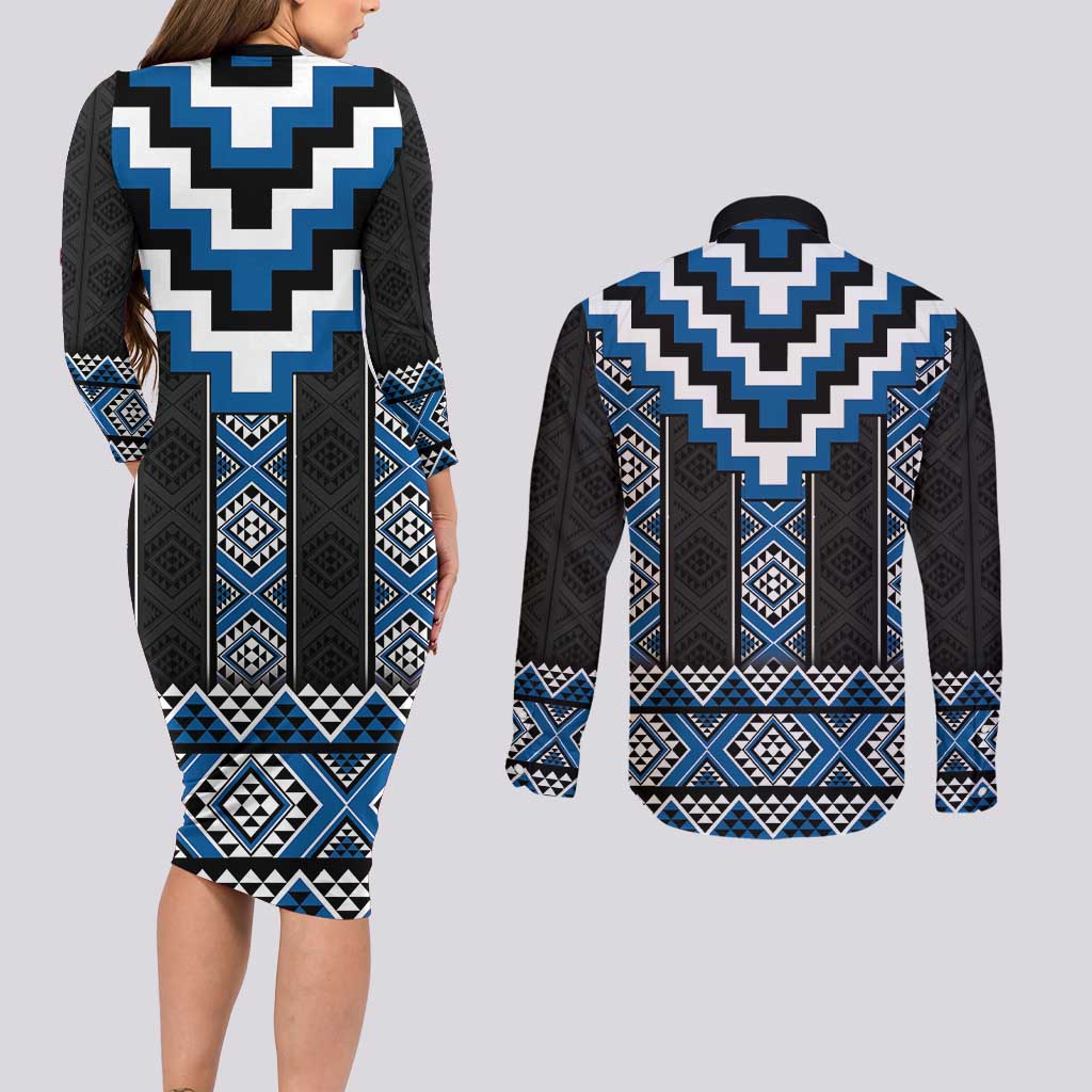 Blue Taniko Aotearoa Couples Matching Long Sleeve Bodycon Dress and Long Sleeve Button Shirt Niho Taniwha Mix Poutama LT14
