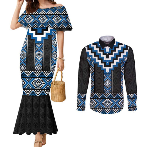 Blue Taniko Aotearoa Couples Matching Mermaid Dress and Long Sleeve Button Shirt Niho Taniwha Mix Poutama LT14