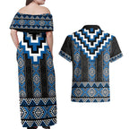 Blue Taniko Aotearoa Couples Matching Off Shoulder Maxi Dress and Hawaiian Shirt Niho Taniwha Mix Poutama LT14