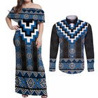 Blue Taniko Aotearoa Couples Matching Off Shoulder Maxi Dress and Long Sleeve Button Shirt Niho Taniwha Mix Poutama LT14