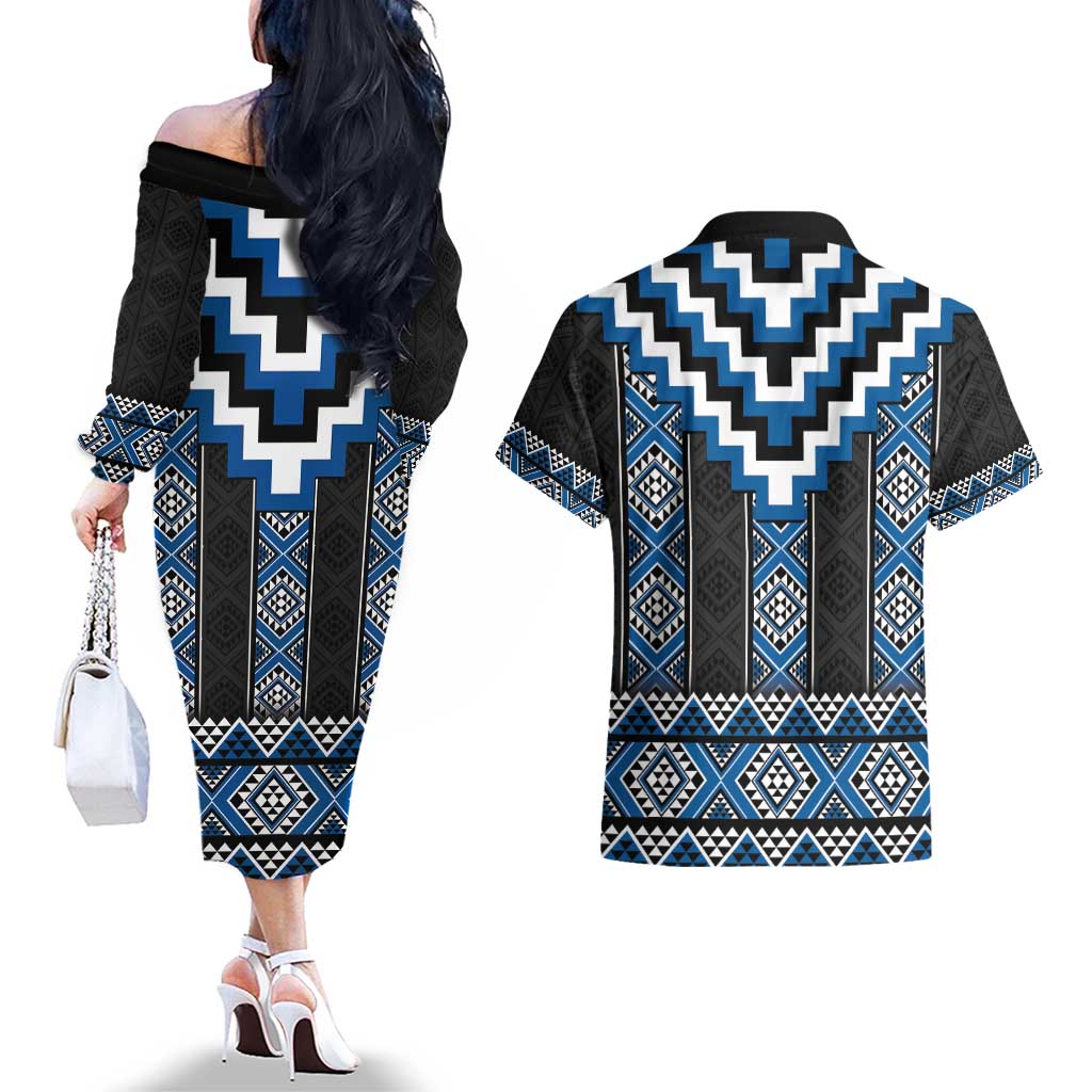Blue Taniko Aotearoa Couples Matching Off The Shoulder Long Sleeve Dress and Hawaiian Shirt Niho Taniwha Mix Poutama LT14
