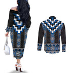 Blue Taniko Aotearoa Couples Matching Off The Shoulder Long Sleeve Dress and Long Sleeve Button Shirt Niho Taniwha Mix Poutama LT14