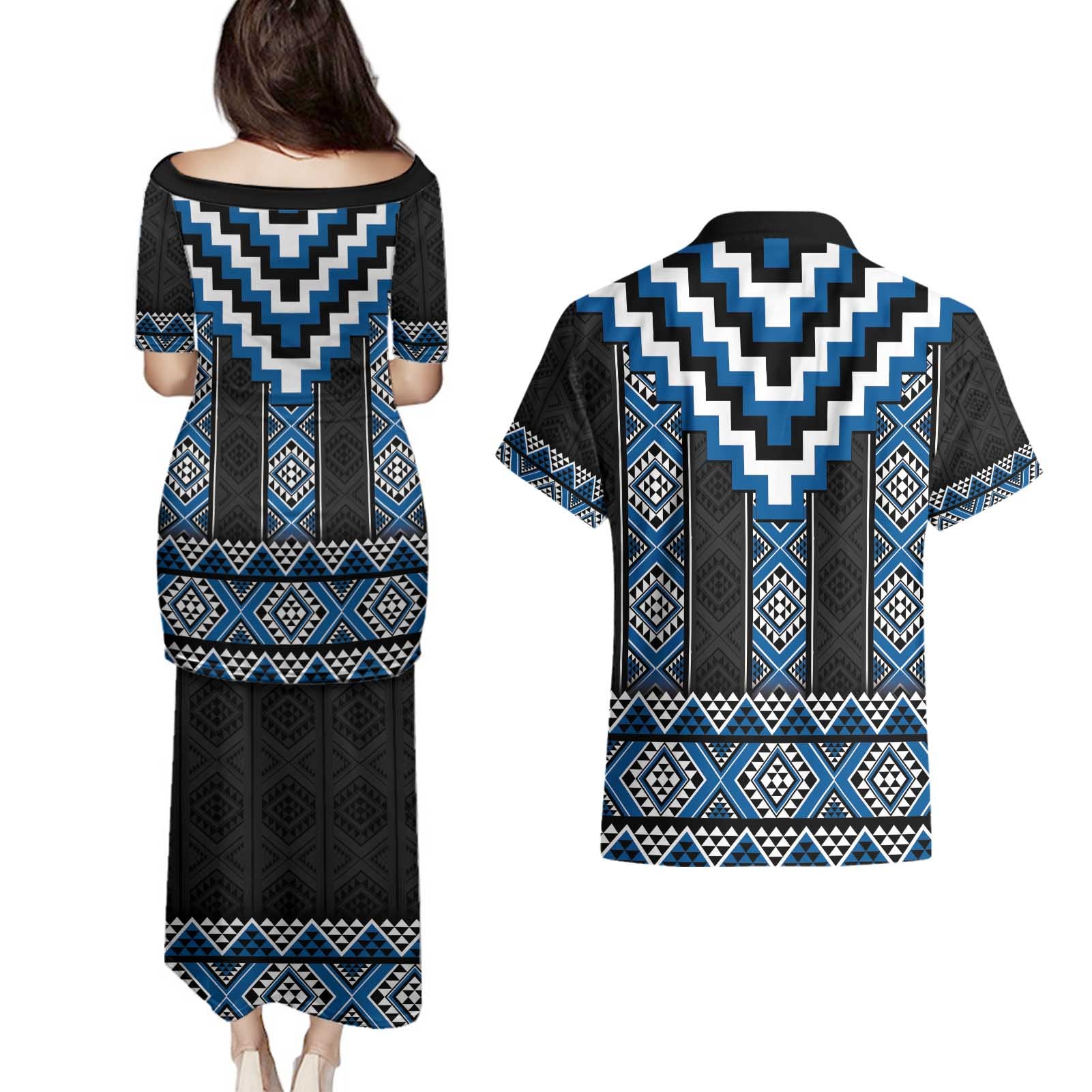Blue Taniko Aotearoa Couples Matching Puletasi and Hawaiian Shirt Niho Taniwha Mix Poutama LT14