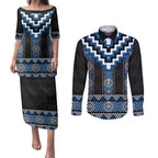 Blue Taniko Aotearoa Couples Matching Puletasi and Long Sleeve Button Shirt Niho Taniwha Mix Poutama LT14