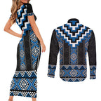 Blue Taniko Aotearoa Couples Matching Short Sleeve Bodycon Dress and Long Sleeve Button Shirt Niho Taniwha Mix Poutama LT14