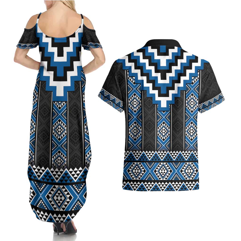 Blue Taniko Aotearoa Couples Matching Summer Maxi Dress and Hawaiian Shirt Niho Taniwha Mix Poutama LT14