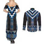 Blue Taniko Aotearoa Couples Matching Summer Maxi Dress and Long Sleeve Button Shirt Niho Taniwha Mix Poutama LT14