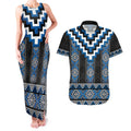 Blue Taniko Aotearoa Couples Matching Tank Maxi Dress and Hawaiian Shirt Niho Taniwha Mix Poutama LT14