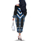 Blue Taniko Aotearoa Family Matching Off The Shoulder Long Sleeve Dress and Hawaiian Shirt Niho Taniwha Mix Poutama LT14