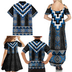 Blue Taniko Aotearoa Family Matching Summer Maxi Dress and Hawaiian Shirt Niho Taniwha Mix Poutama LT14