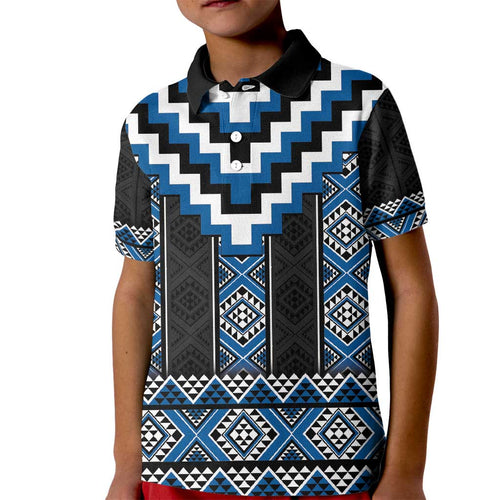 Blue Taniko Aotearoa Kid Polo Shirt Niho Taniwha Mix Poutama LT14