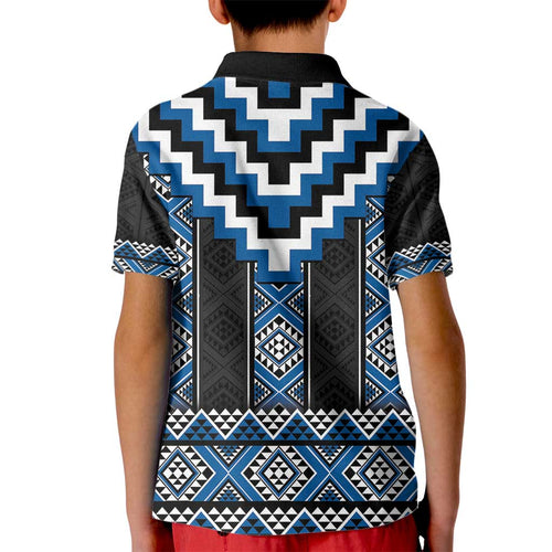 Blue Taniko Aotearoa Kid Polo Shirt Niho Taniwha Mix Poutama LT14