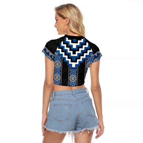 Blue Taniko Aotearoa Raglan Cropped T Shirt Niho Taniwha Mix Poutama LT14