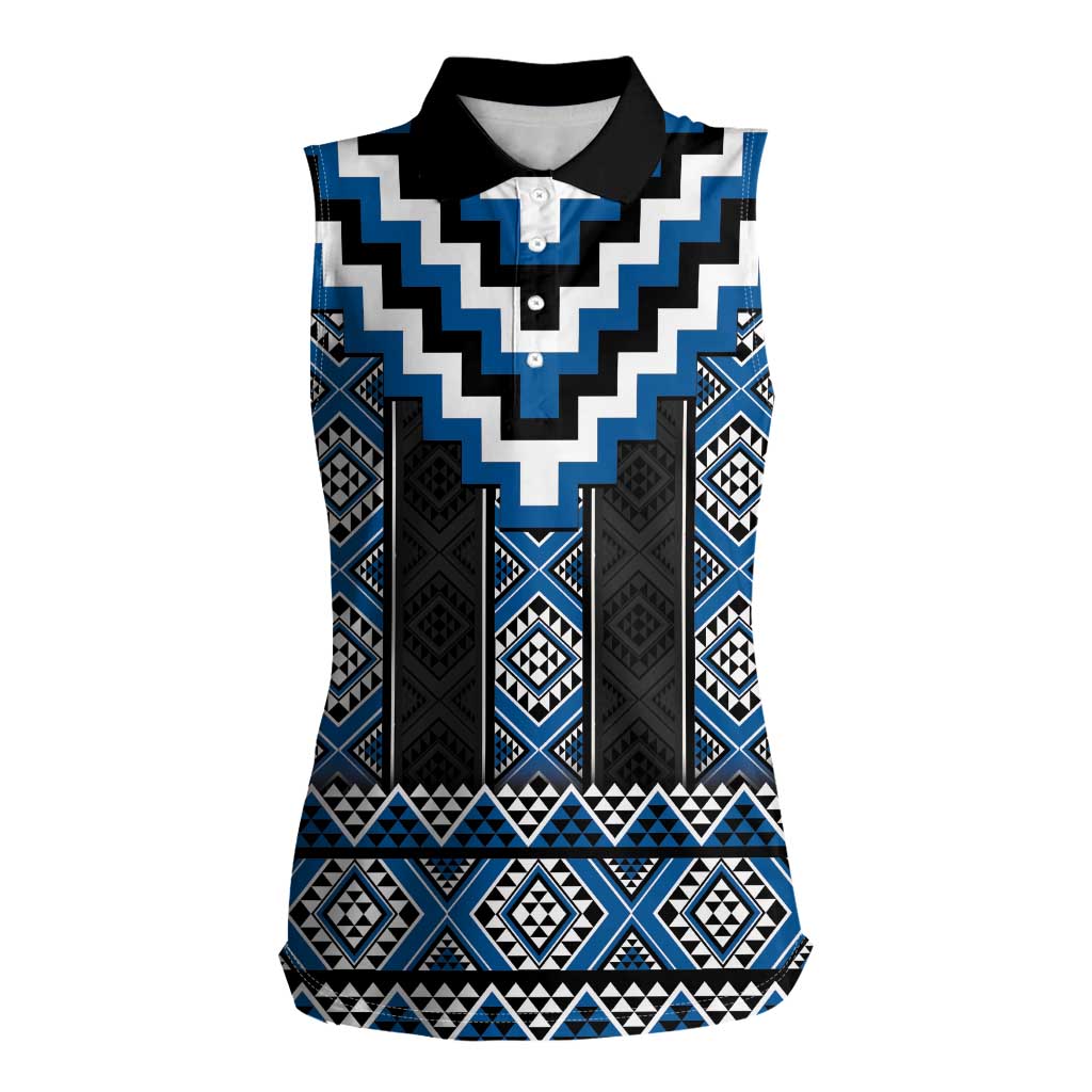 Blue Taniko Aotearoa Women Sleeveless Polo Shirt Niho Taniwha Mix Poutama LT14