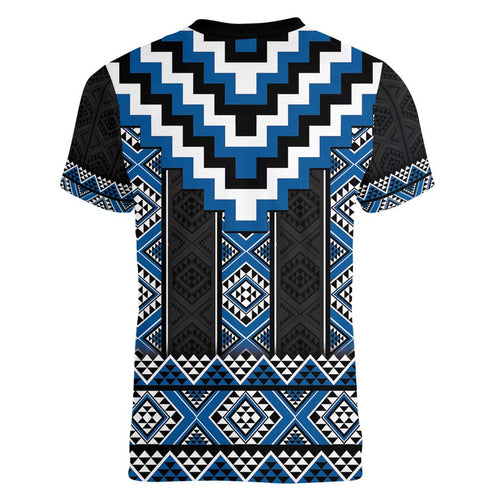 Blue Taniko Aotearoa Women V-Neck T-Shirt Niho Taniwha Mix Poutama LT14