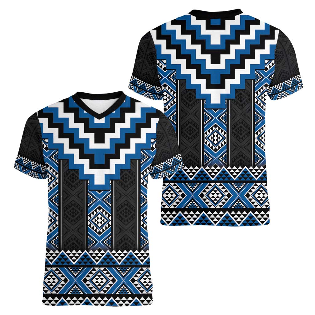 Blue Taniko Aotearoa Women V-Neck T-Shirt Niho Taniwha Mix Poutama LT14