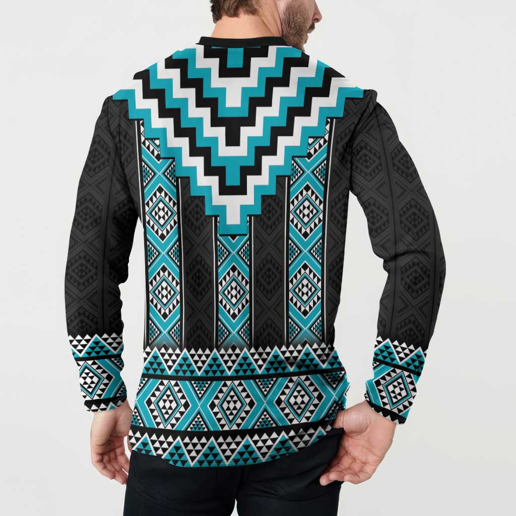 Turquoise Taniko Pattern Aotearoa Button Sweatshirt Niho Taniwha Mix Poutama LT14