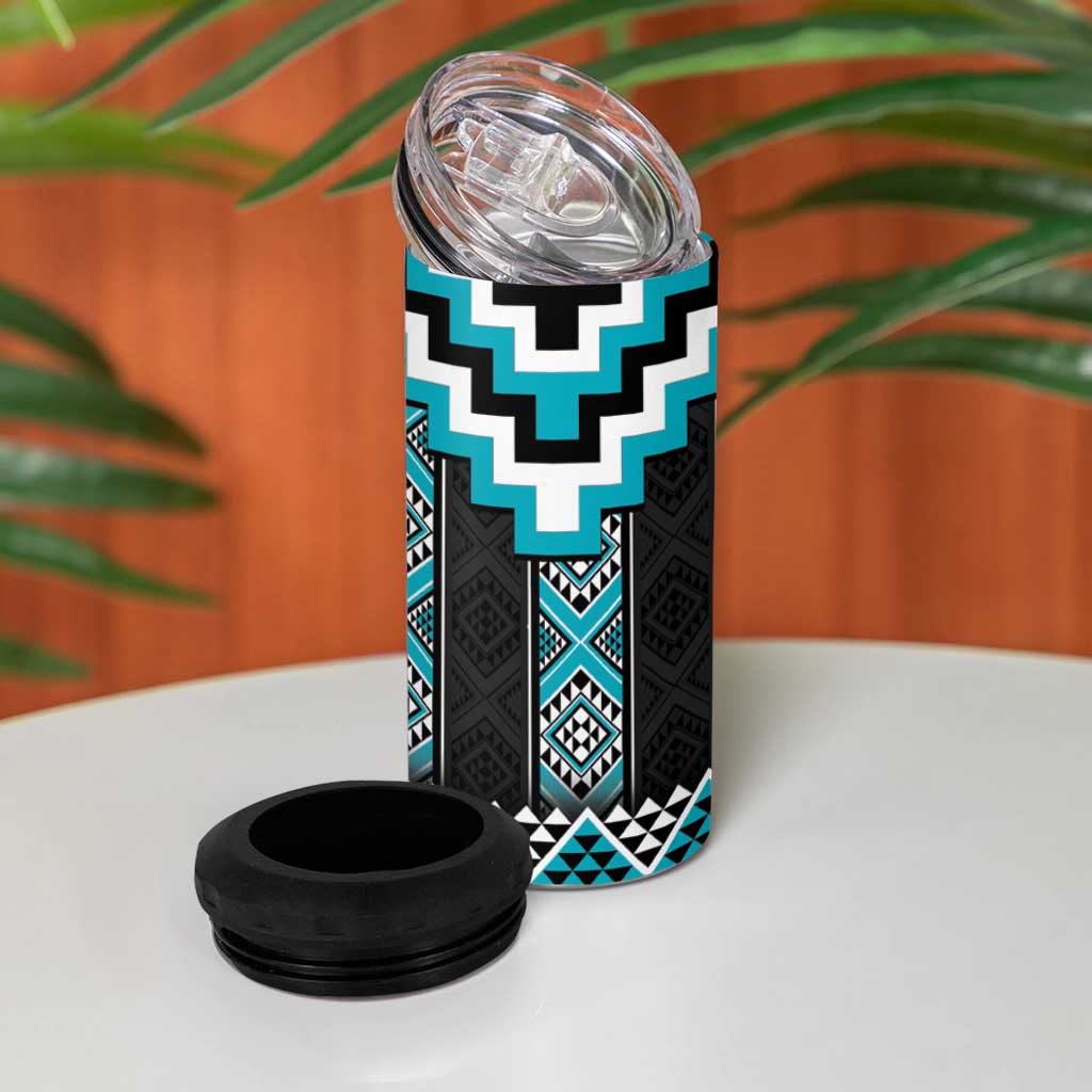 Turquoise Taniko Pattern Aotearoa 4 in 1 Can Cooler Tumbler Niho Taniwha Mix Poutama LT14