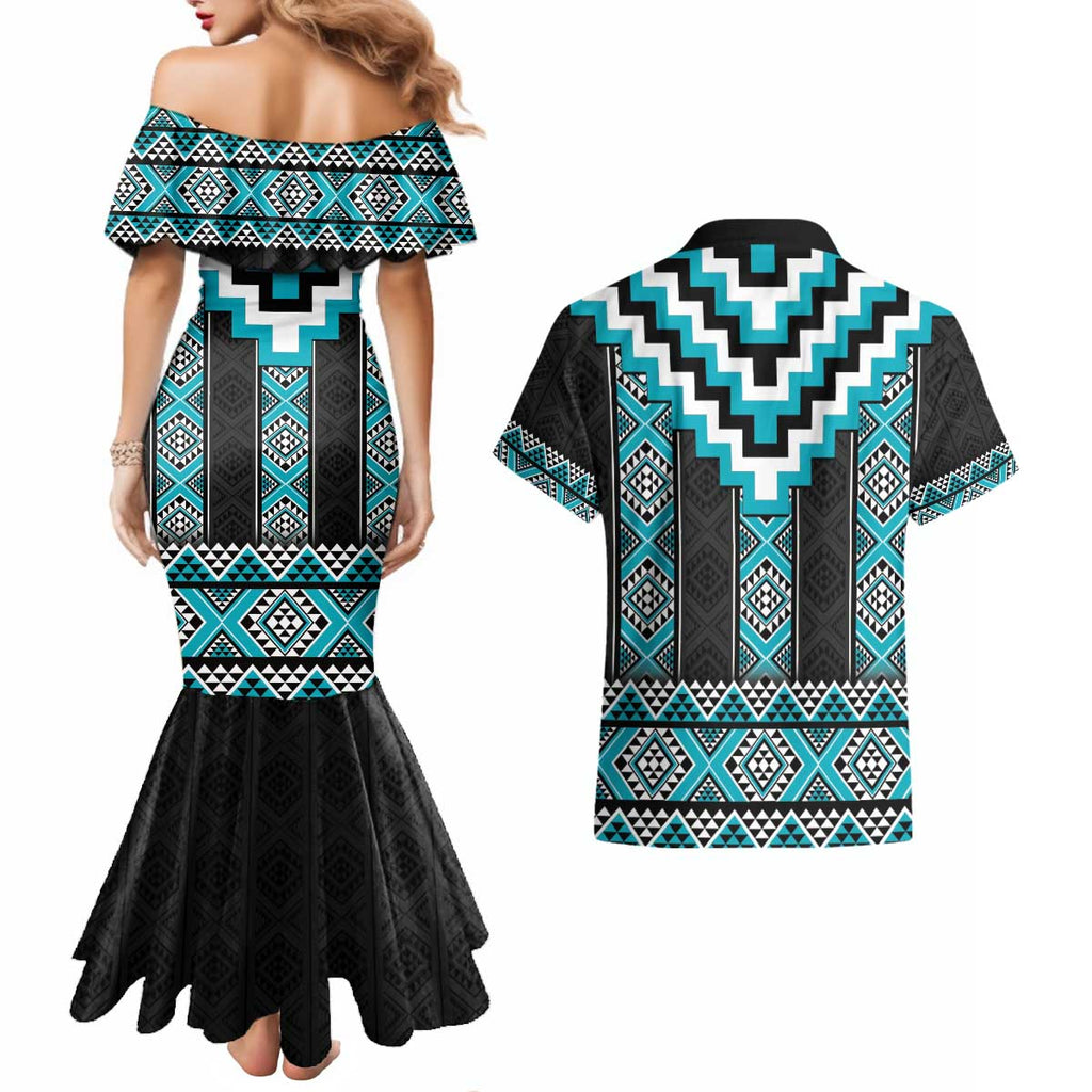 Turquoise Taniko Pattern Aotearoa Couples Matching Mermaid Dress and Hawaiian Shirt Niho Taniwha Mix Poutama LT14