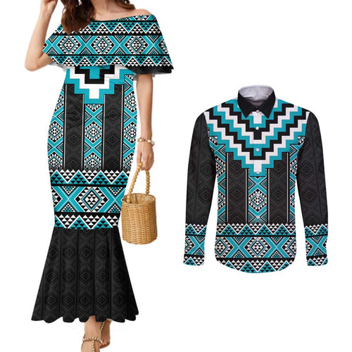 Turquoise Taniko Pattern Aotearoa Couples Matching Mermaid Dress and Long Sleeve Button Shirt Niho Taniwha Mix Poutama LT14