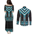 Turquoise Taniko Pattern Aotearoa Couples Matching Puletasi and Long Sleeve Button Shirt Niho Taniwha Mix Poutama LT14