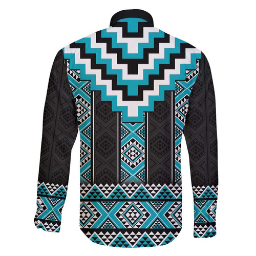 Turquoise Taniko Pattern Aotearoa Family Matching Long Sleeve Bodycon Dress and Hawaiian Shirt Niho Taniwha Mix Poutama LT14