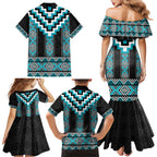Turquoise Taniko Pattern Aotearoa Family Matching Mermaid Dress and Hawaiian Shirt Niho Taniwha Mix Poutama LT14