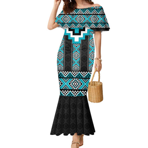 Turquoise Taniko Pattern Aotearoa Family Matching Mermaid Dress and Hawaiian Shirt Niho Taniwha Mix Poutama LT14