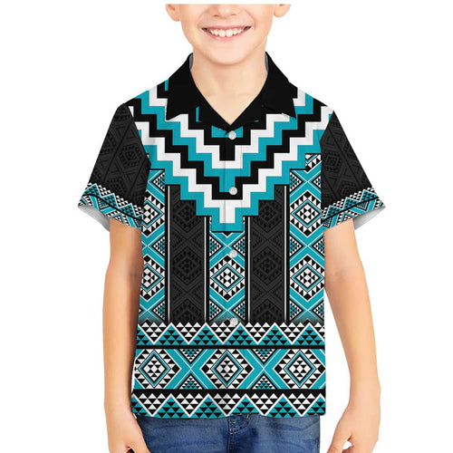 Turquoise Taniko Pattern Aotearoa Family Matching Mermaid Dress and Hawaiian Shirt Niho Taniwha Mix Poutama LT14