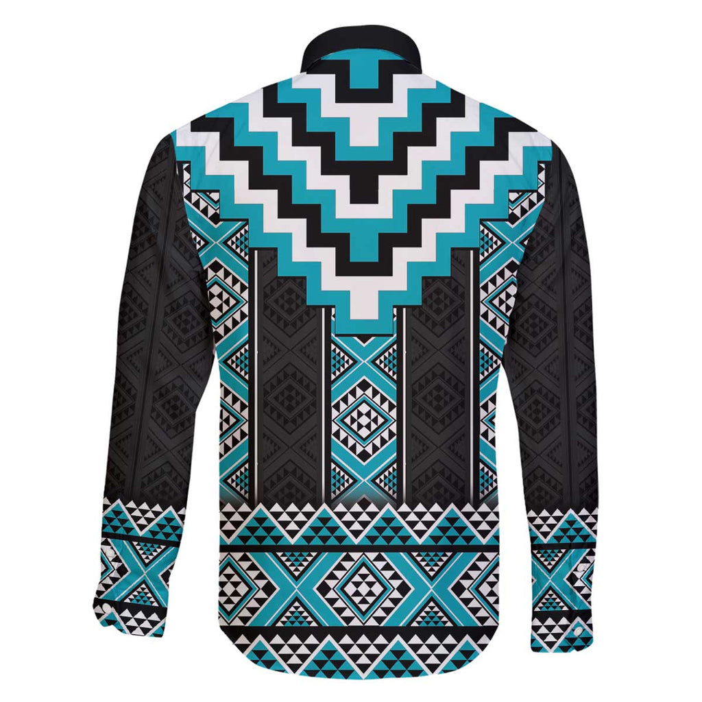 Turquoise Taniko Pattern Aotearoa Family Matching Off The Shoulder Long Sleeve Dress and Hawaiian Shirt Niho Taniwha Mix Poutama LT14