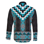 Turquoise Taniko Pattern Aotearoa Family Matching Off The Shoulder Long Sleeve Dress and Hawaiian Shirt Niho Taniwha Mix Poutama LT14