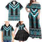 Turquoise Taniko Pattern Aotearoa Family Matching Off Shoulder Maxi Dress and Hawaiian Shirt Niho Taniwha Mix Poutama LT14