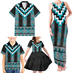Turquoise Taniko Pattern Aotearoa Family Matching Tank Maxi Dress and Hawaiian Shirt Niho Taniwha Mix Poutama LT14