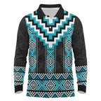Turquoise Taniko Pattern Aotearoa Long Sleeve Polo Shirt Niho Taniwha Mix Poutama LT14